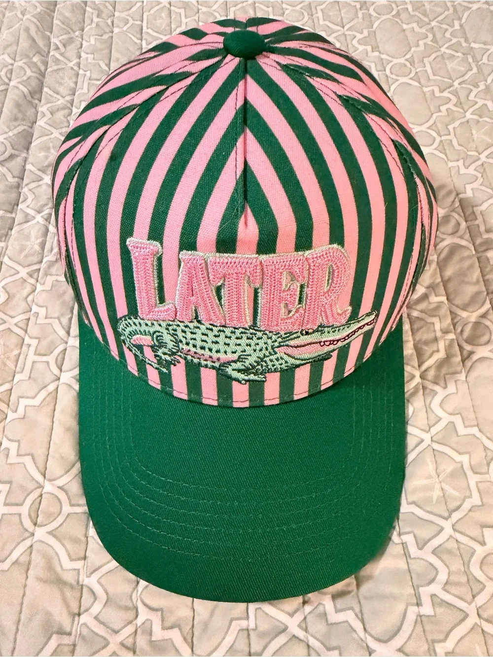 Pink & Green Striped 'LATER' Cap with Crocodile Embroidery